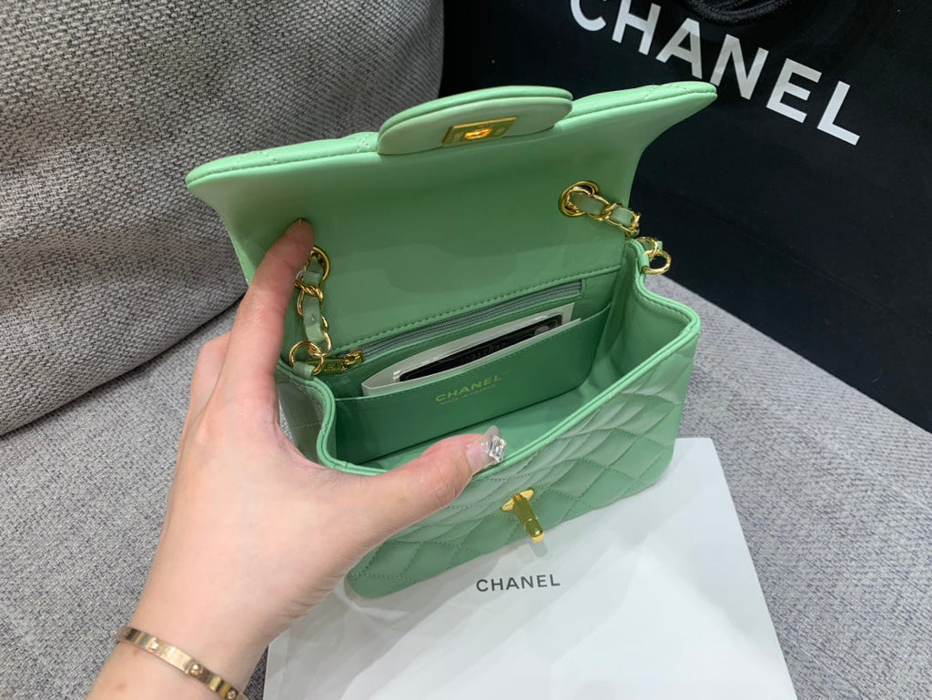 MINI SQUARE FLAP BAG 17CM LIGHT GREEN LAMBSKIN GOLD HARDWARE