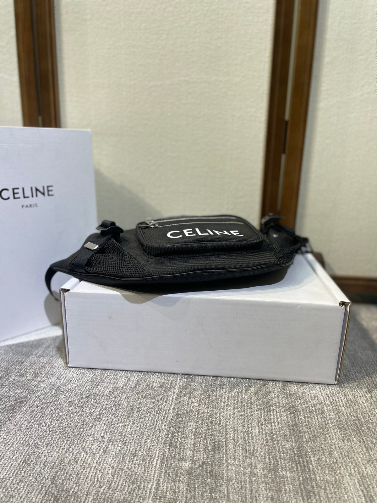 TREKKING BELT BAG 43 IN BLACK NYLON WITH CELINE PRINT