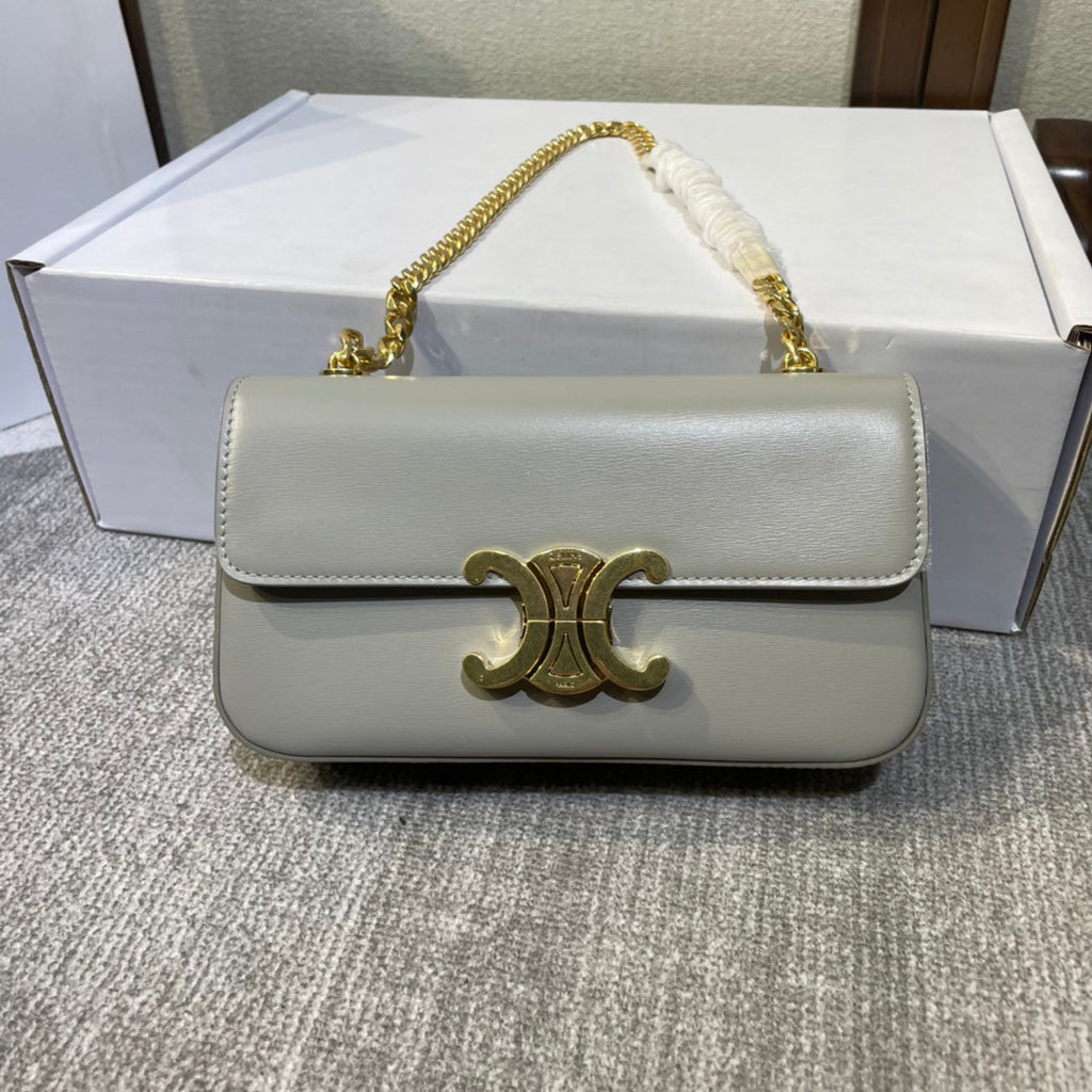 CHAIN EMBOSSED ARMPIT BAG 20 IN STONE GRAY CALFSKIN