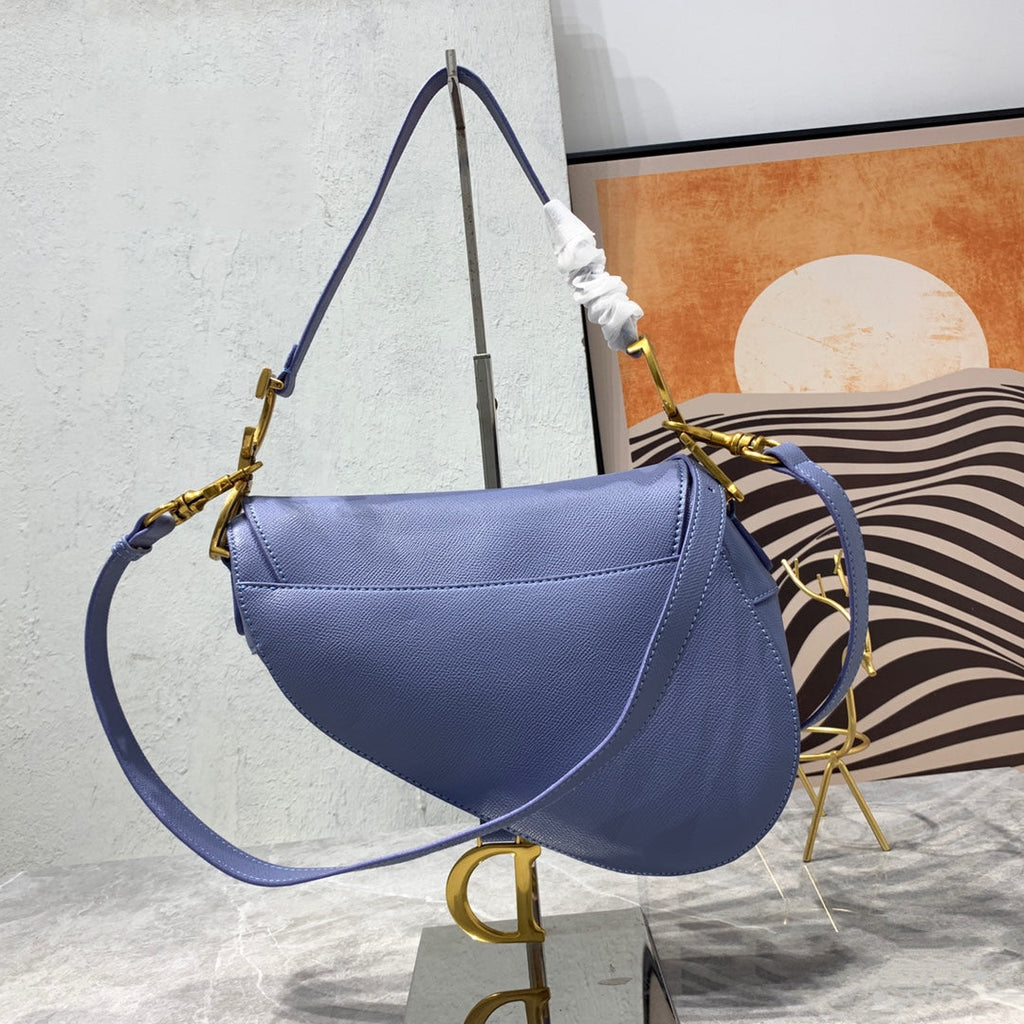 CD Saddle Bag Strap Warm Taupe Grained Blue Calfskin