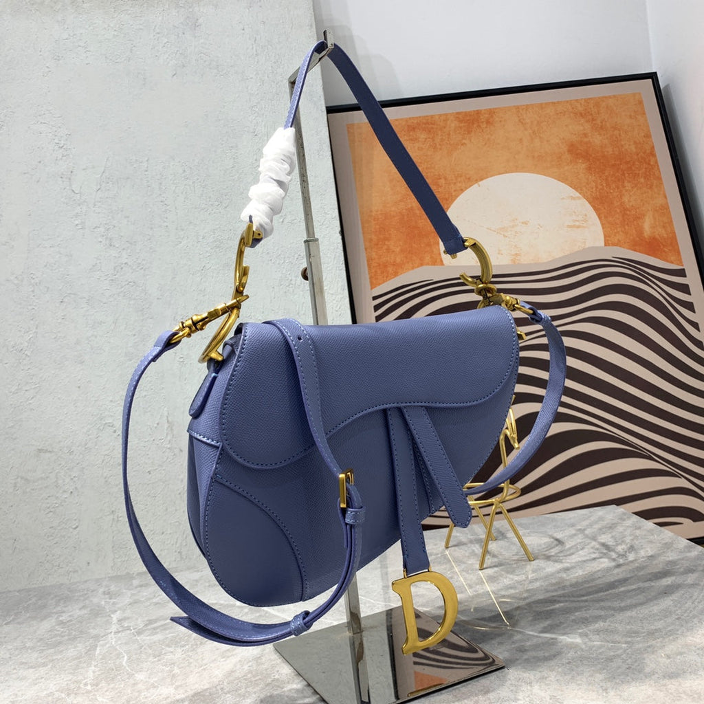 CD Saddle Bag Strap Warm Taupe Grained Blue Calfskin
