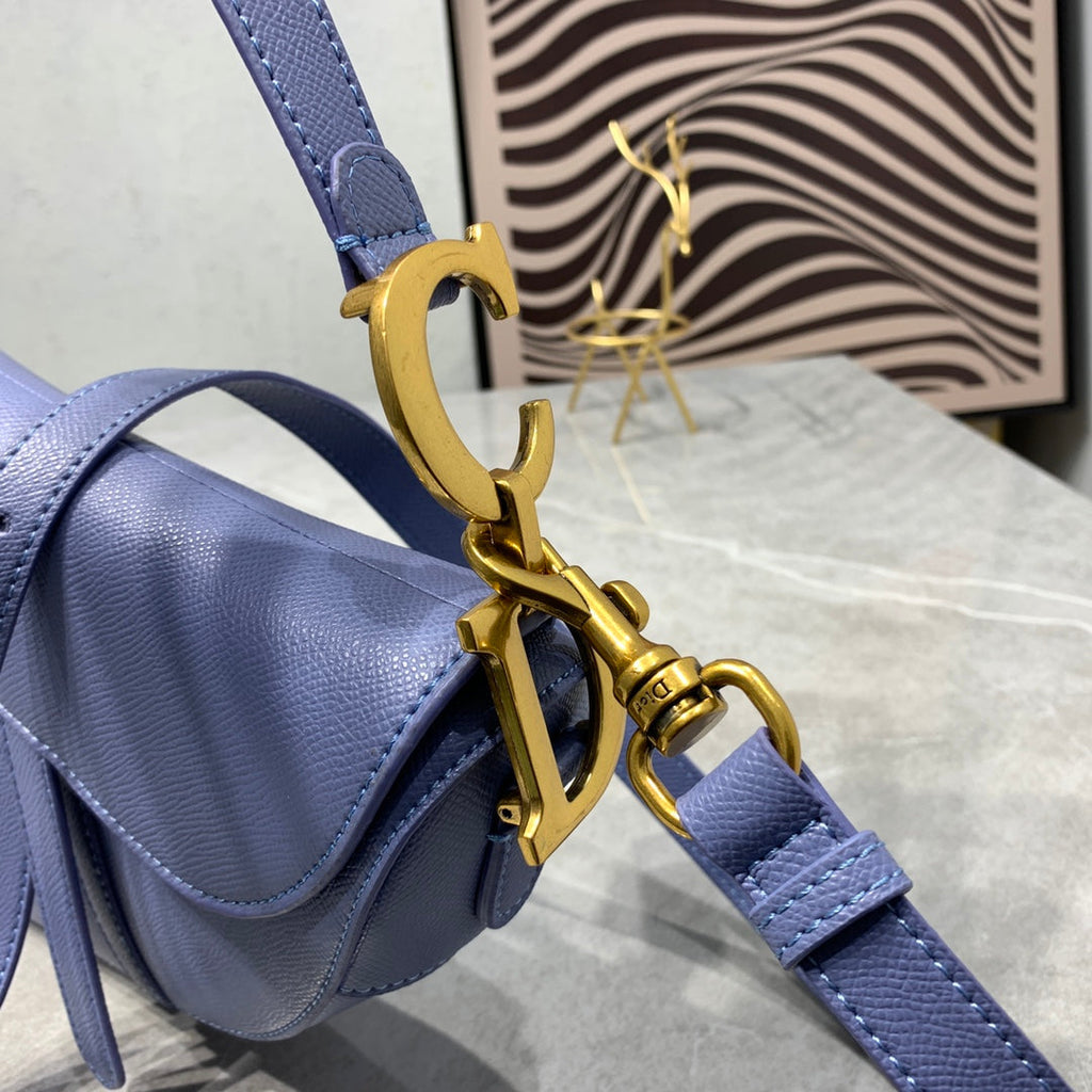 CD Saddle Bag Strap Warm Taupe Grained Blue Calfskin