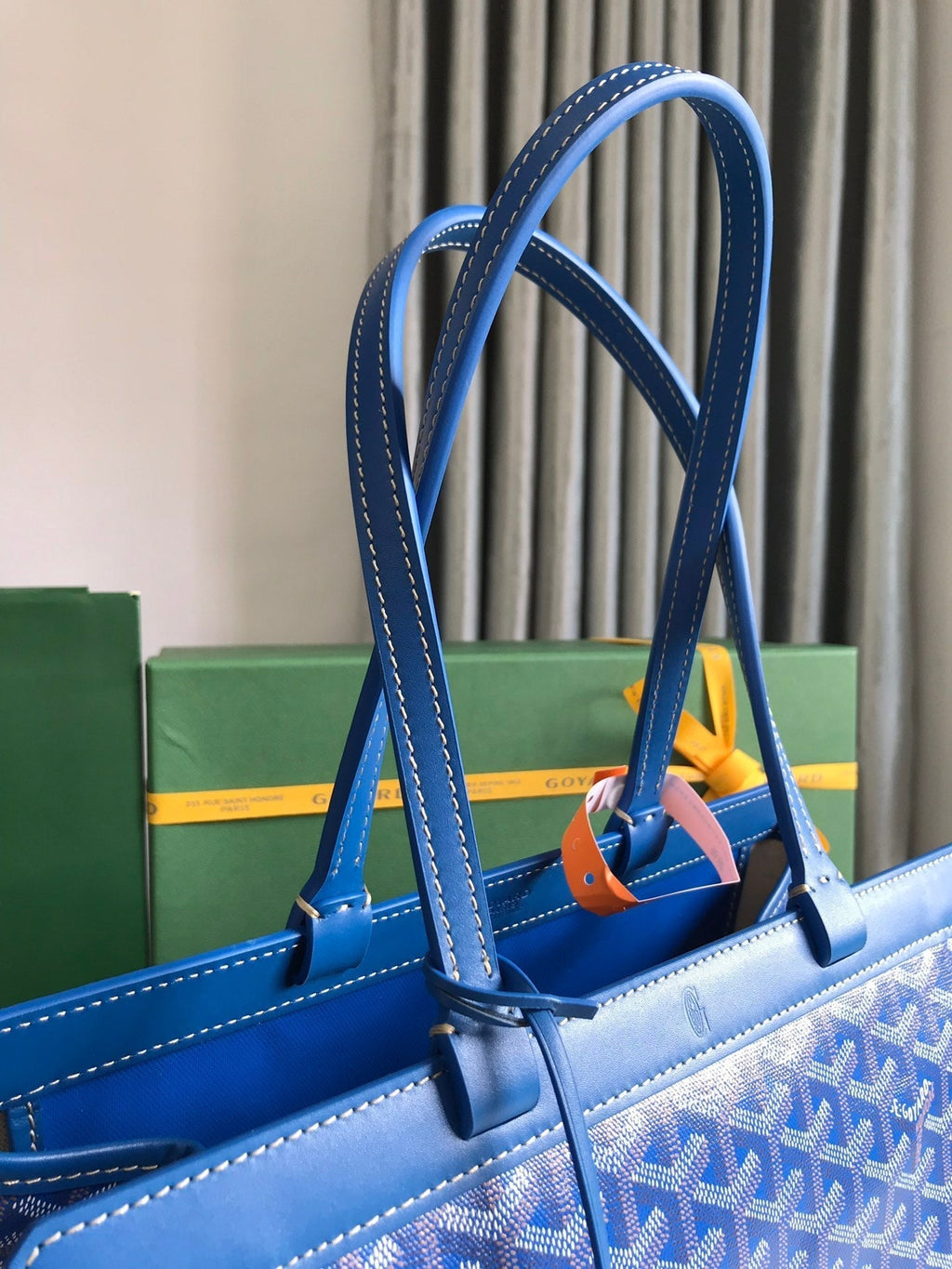 BELLECHASSE BIAUDE PM BAG 36 IN BLUE GOYARDINE CANVAS AND CALFSKIN TRIM