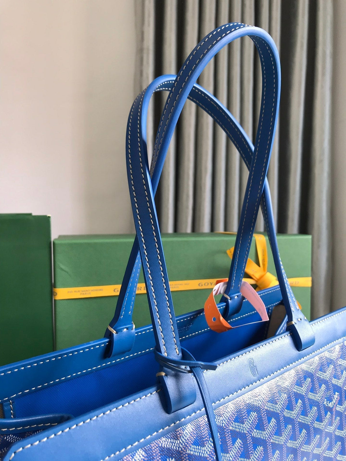 BELLECHASSE BIAUDE PM BAG 36 IN BLUE GOYARDINE CANVAS AND CALFSKIN TRIM