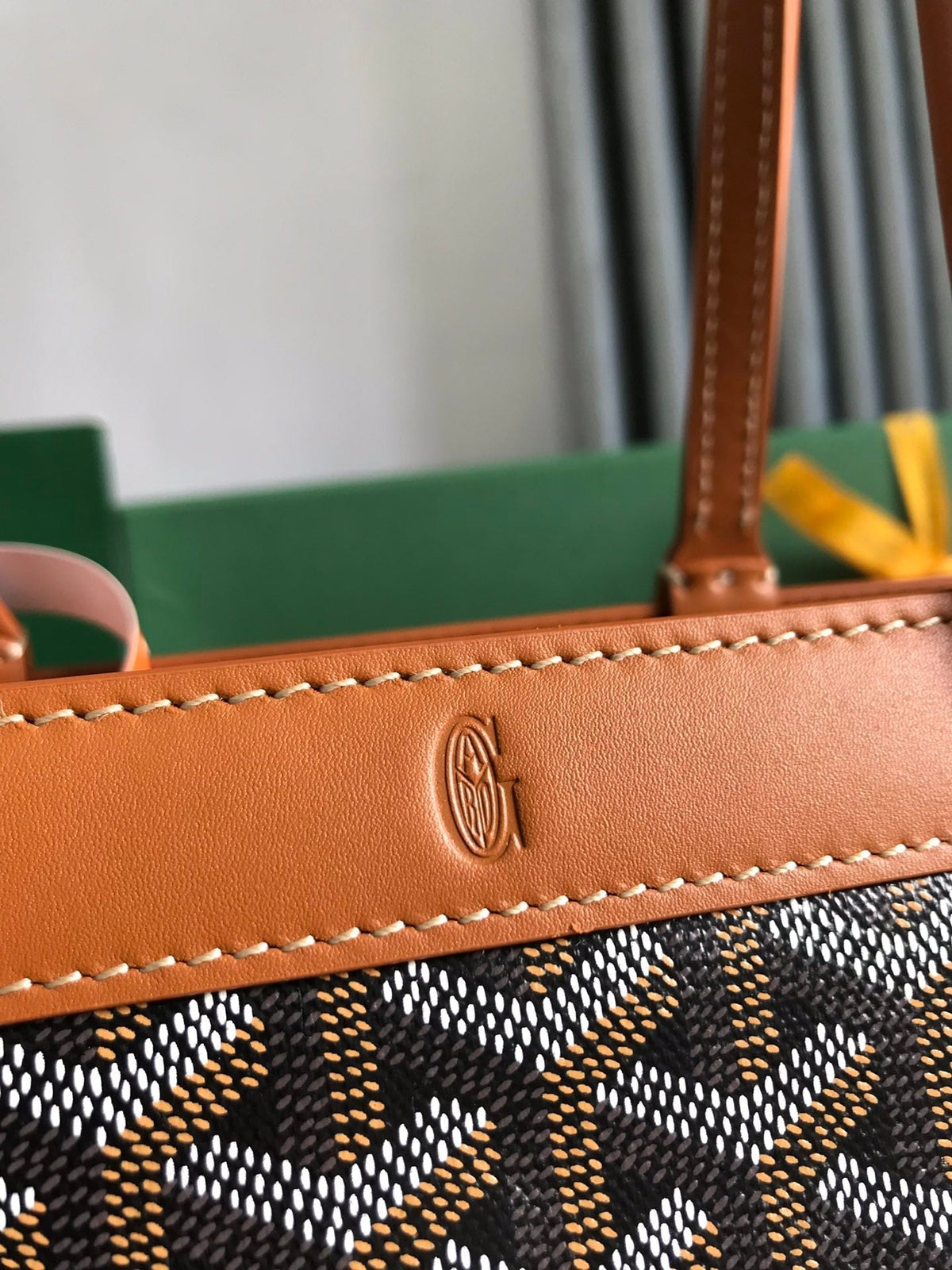 BELLECHASSE BIAUDE PM BAG 36 IN BLACK GOYARDINE CANVAS AND TAN CALFSKIN TRIM