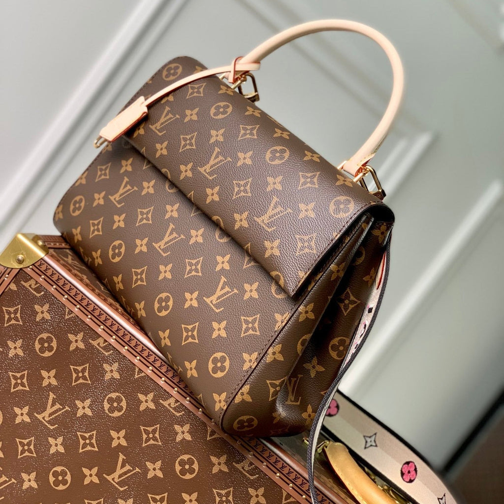 CLUNY MM HANDBAG 33 IN BROWN MONOGRAM CALFSKIN BEIGE BLACK EMBROIDERED LOGO CANVAS