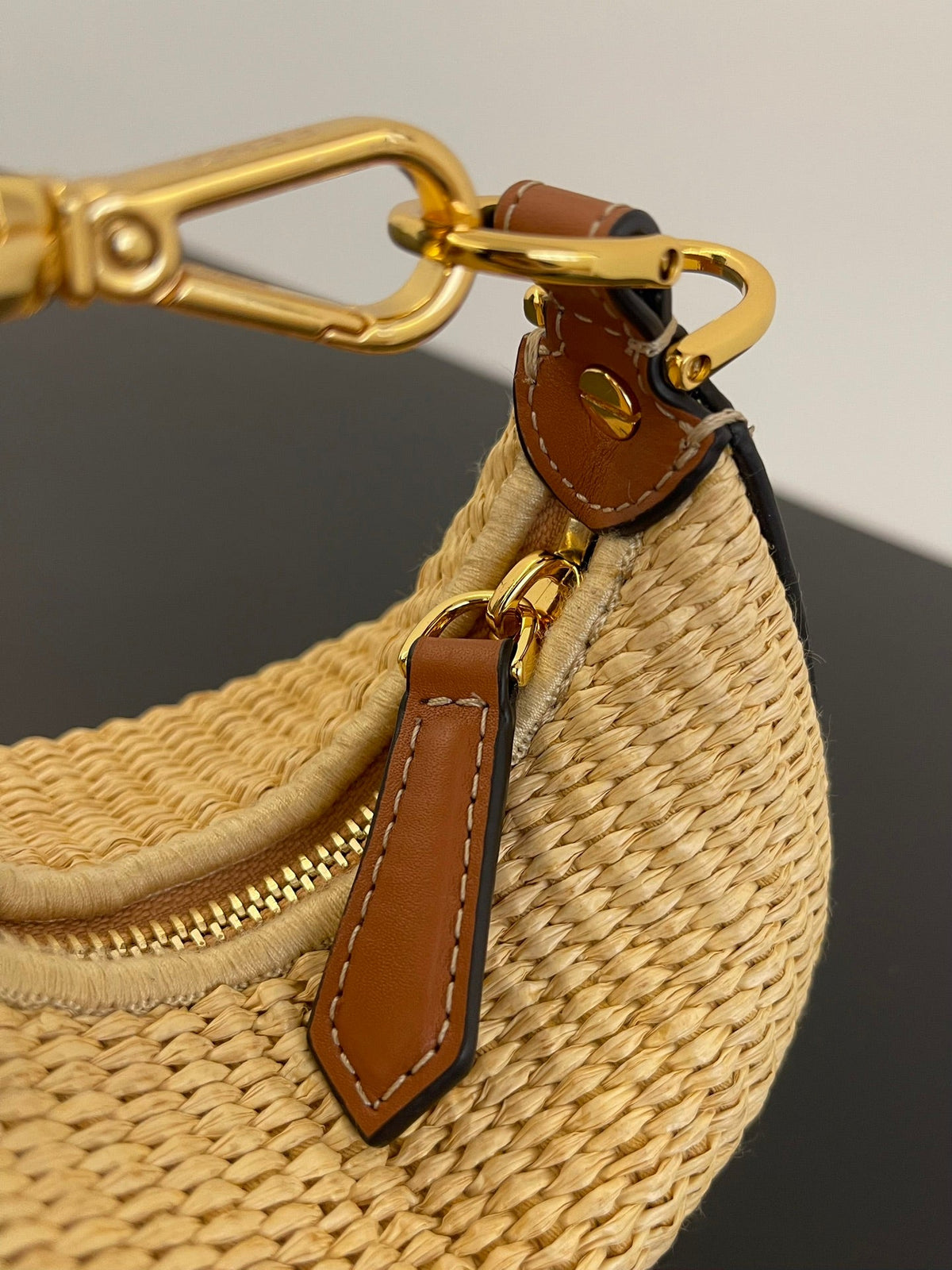 FENDIGRAPHY MINI 16 IN BEIGE STRAW AND BROWN CALFSKIN TRIM GOLD HARDWARE