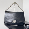 BB SOFT FLAP BAG 36 IN BLACK PEACH CALFSKIN SILVER HARDWARE