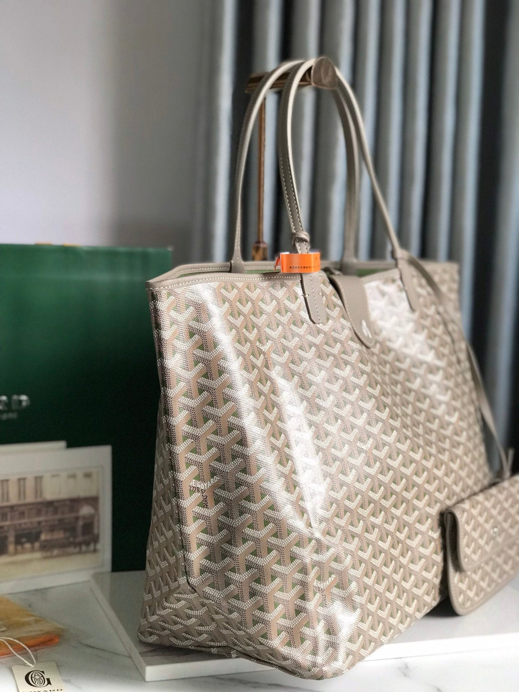 SAINT LOUIS PM 34 IN GREY MIX GREEN GOYARDINE CANVAS AND CALFSKIN