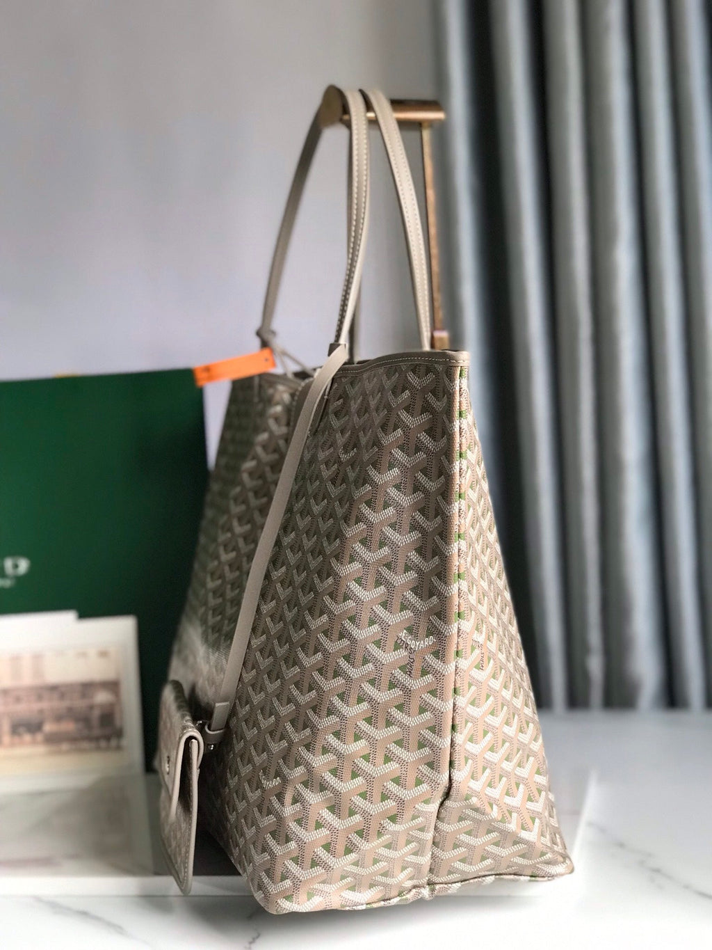SAINT LOUIS PM 34 IN GREY MIX GREEN GOYARDINE CANVAS AND CALFSKIN