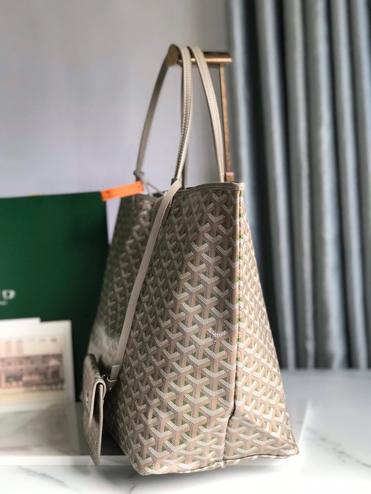 SAINT LOUIS PM 34 IN GREY MIX GREEN GOYARDINE CANVAS AND CALFSKIN