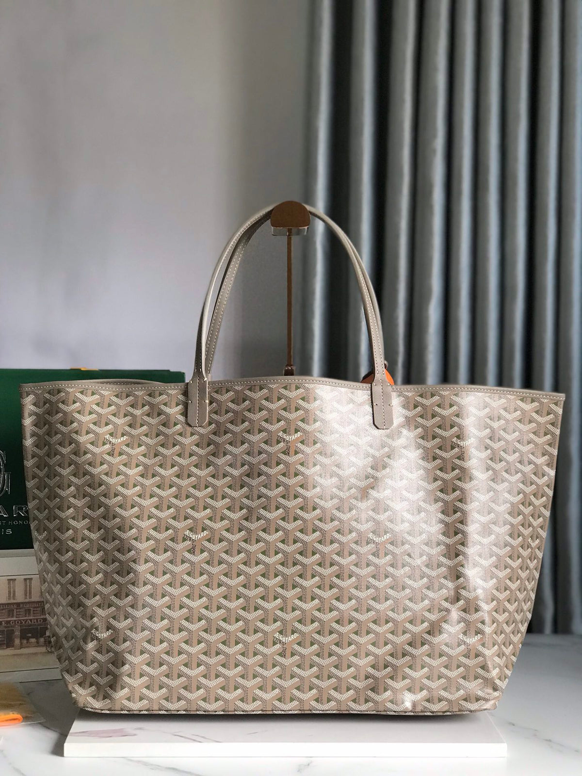 SAINT LOUIS PM 34 IN GREY MIX GREEN GOYARDINE CANVAS AND CALFSKIN