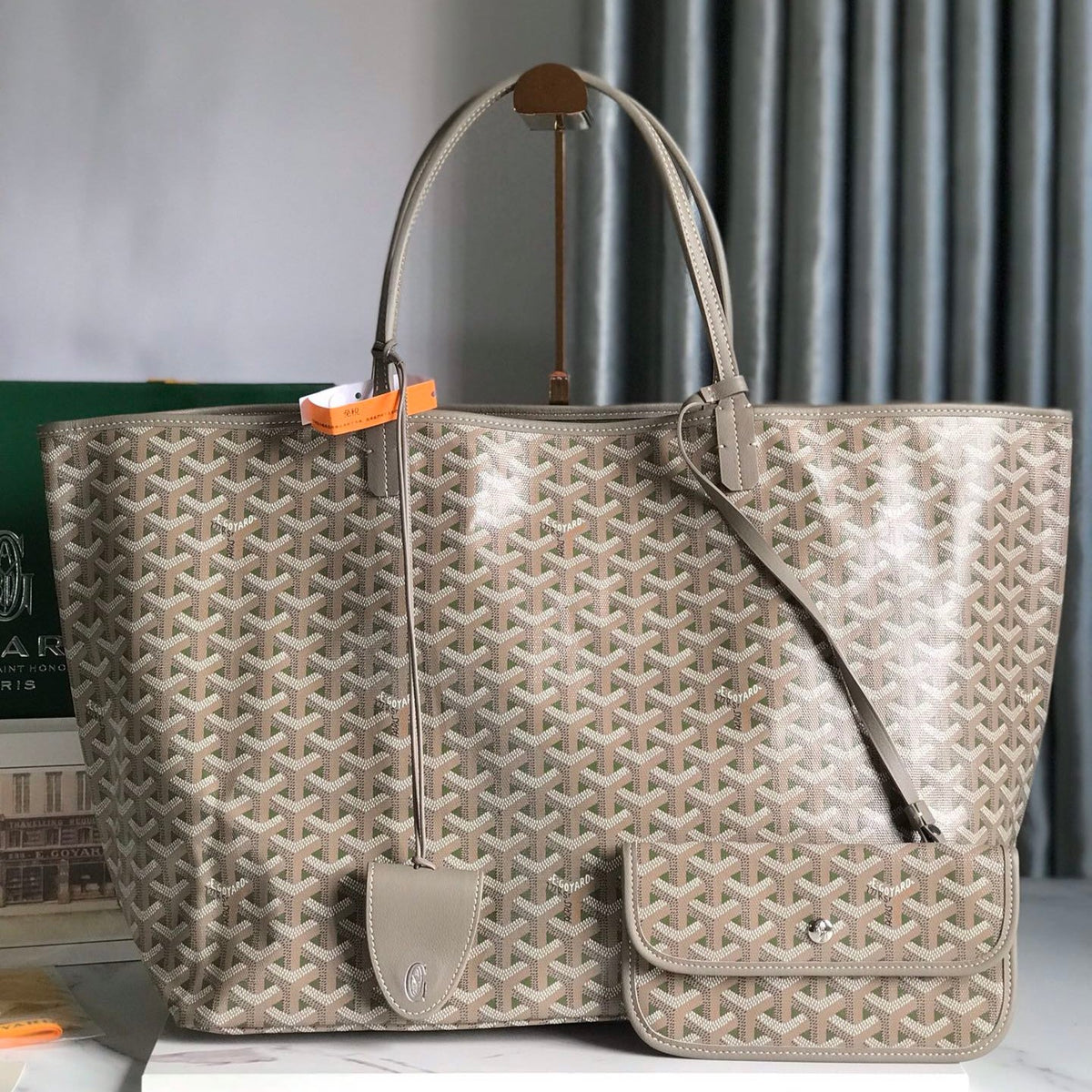 SAINT LOUIS GM 40 IN GREY MIX GREEN GOYARDINE CANVAS AND CALFSKIN