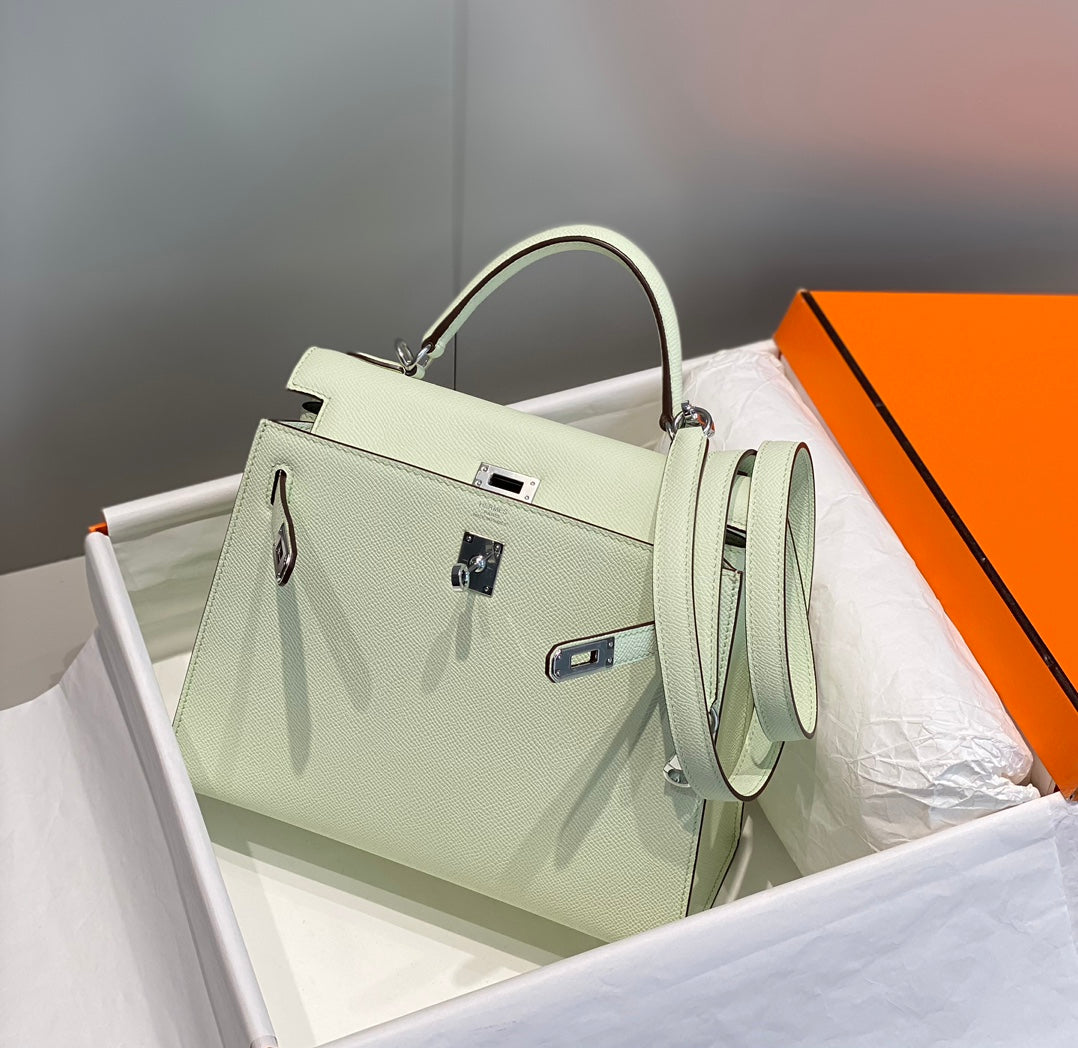KELLY 25CM IN VERT FIZZ SWIFT CALFSKIN SILVER HARDWARE