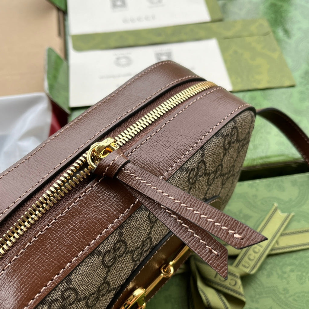 HORSEBIT 1955 SMALL CAMERA BAG 20 IN BEIGE AND EBONY GG BROWN CALFSKIN
