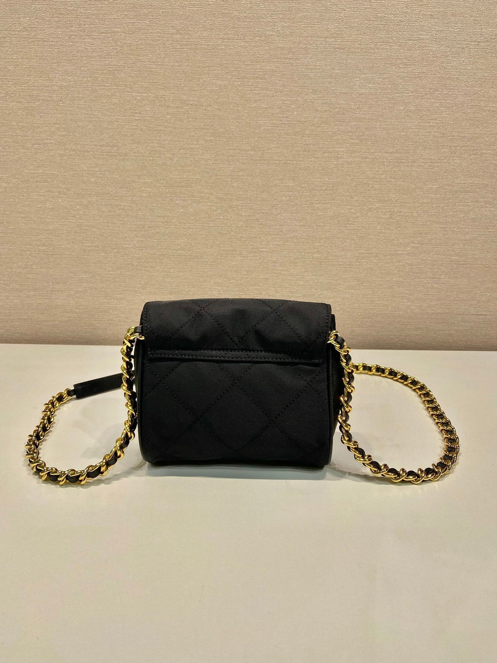 MINI QUILTED FLAP BAG 14 IN BLACK RE-NYLON FABRIC GOLD CHAIN