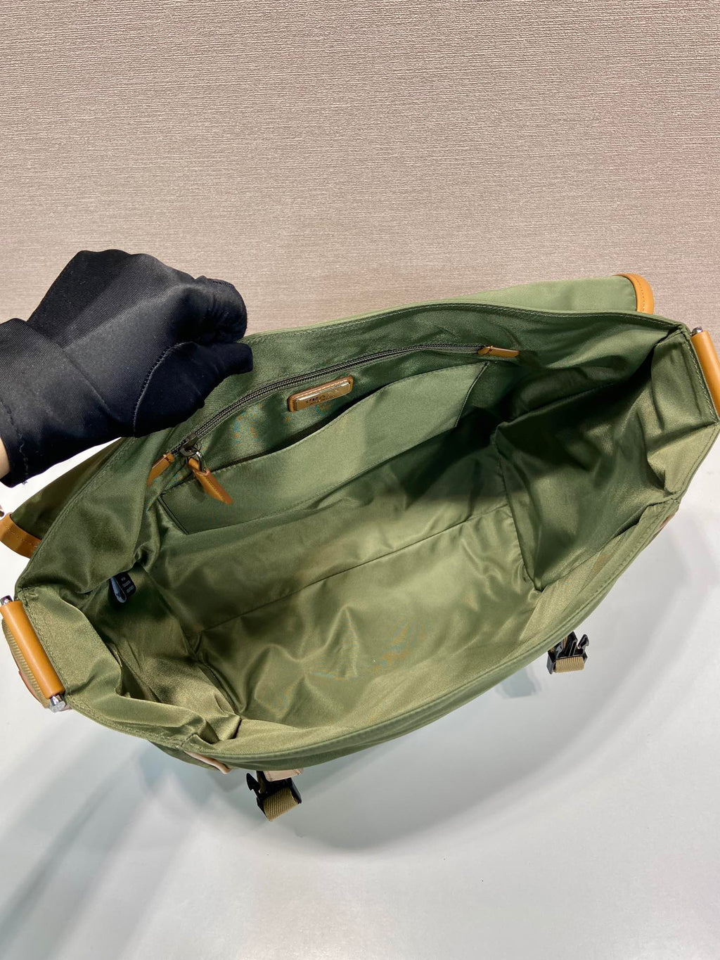 LARGE FLAP BAG 30 IN SEAWEED GREEN RE-NYLON AND BROWN CALFSKIN TRIM