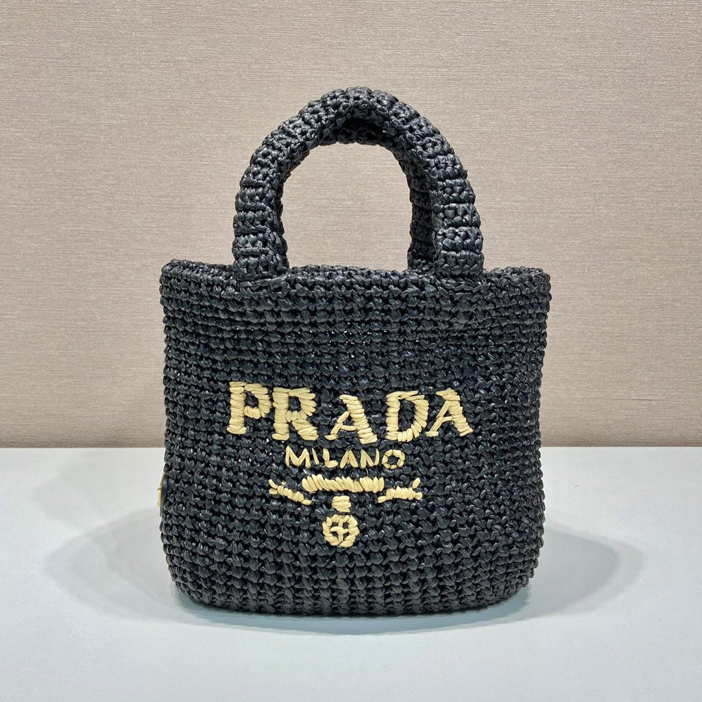 SMALL CROCHET TOTE BAG 24 IN BLACK MIX YELLOW RAFFIA