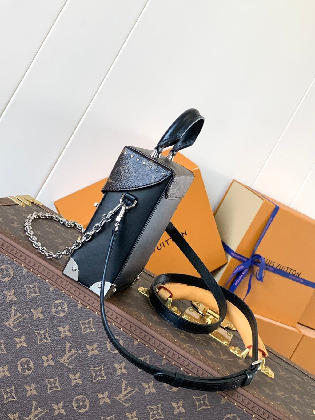 CAMERA BOX VIVE BAG 17 IN BLACK MONOGRAM CALFSKIN SILVER-TONE METALLIC
