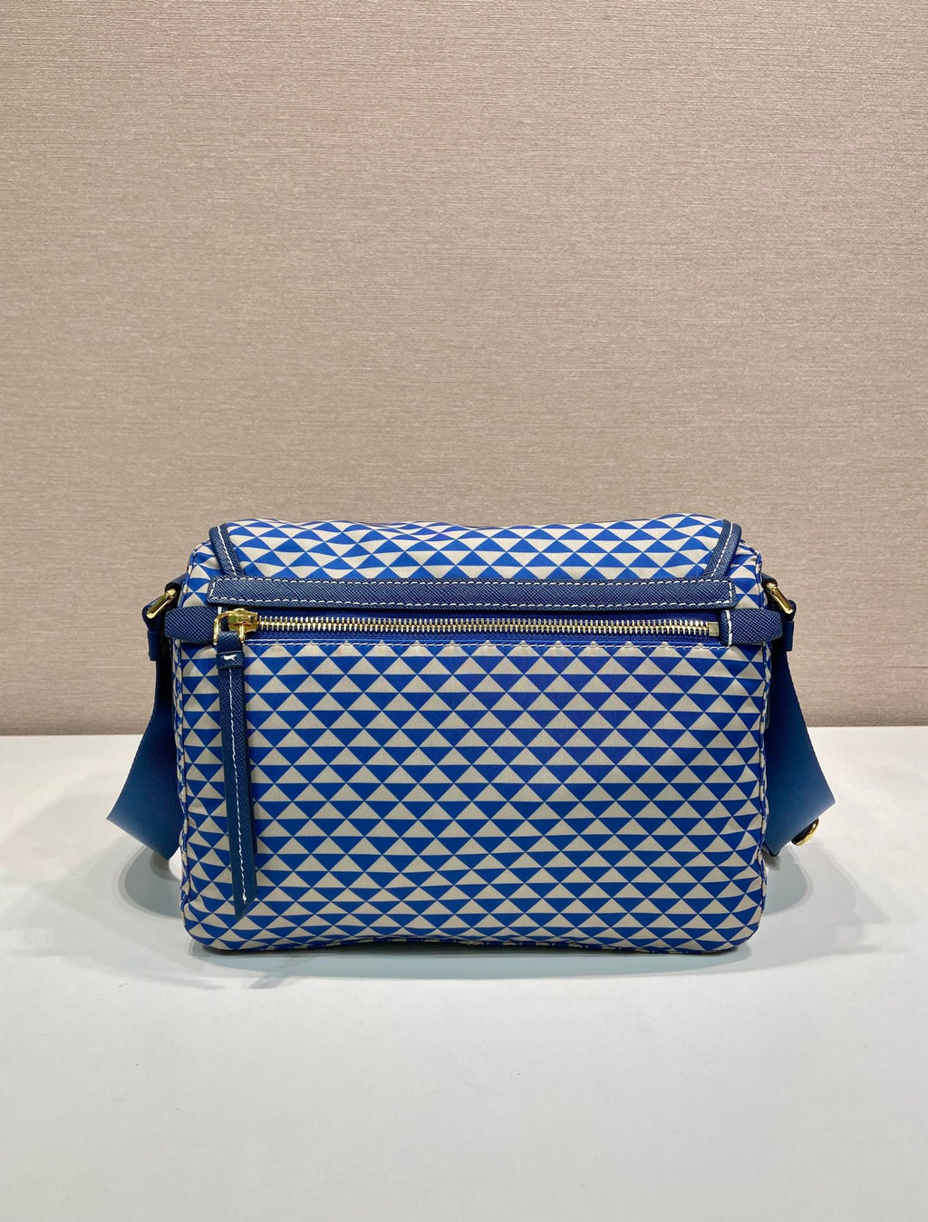 MESSENGER BAG 25 IN BLUE MIX WHITE TRIANGLE PATTERN EMBROIDERED FABRIC