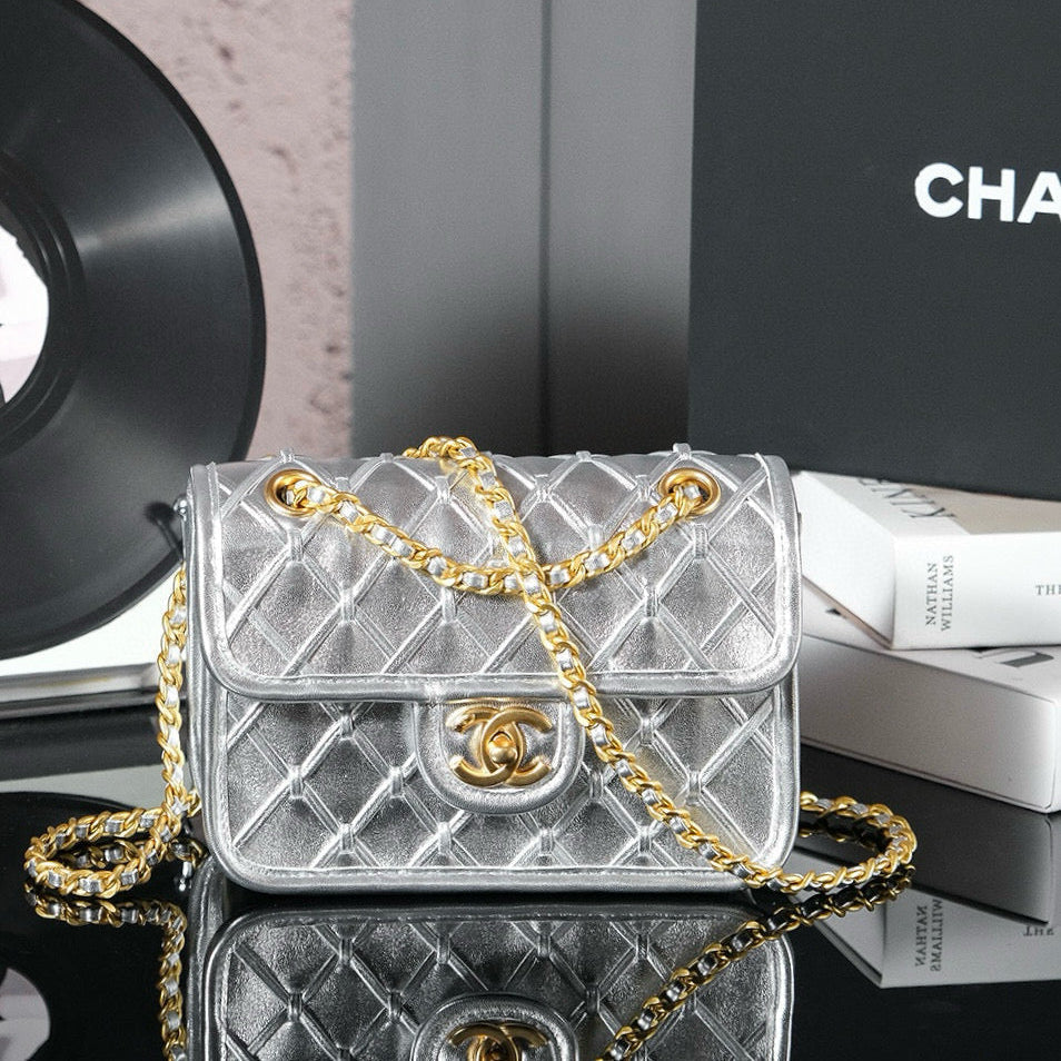 CC MINI 20 FLAP BAG METALLIZED CALFSKIN GOLD HARDWARE