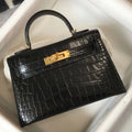 HERM Kelly Mini II Bag In Black Embossed Crocodile Leather