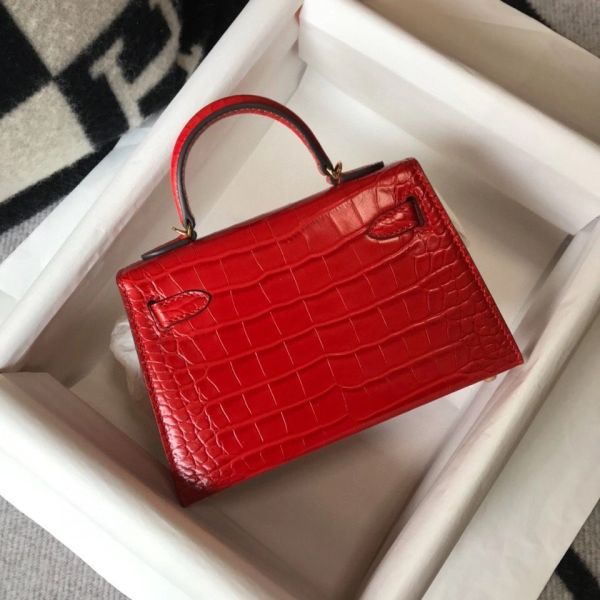 HERM Kelly Mini II Bag In Red Embossed Crocodile Leather