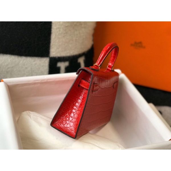 HERM Kelly Mini II Bag In Red Embossed Crocodile Leather