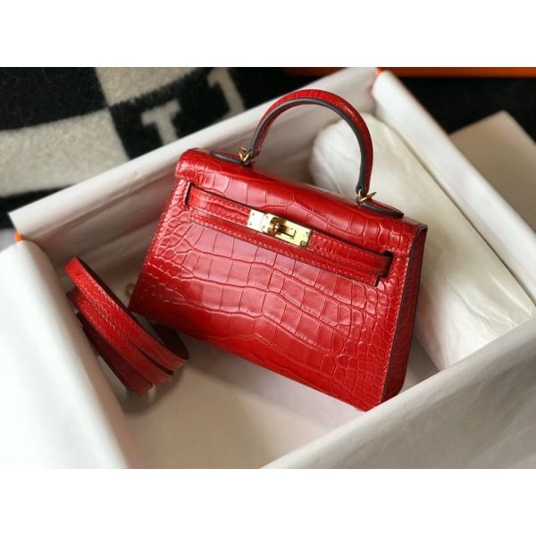 HERM Kelly Mini II Bag In Red Embossed Crocodile Leather