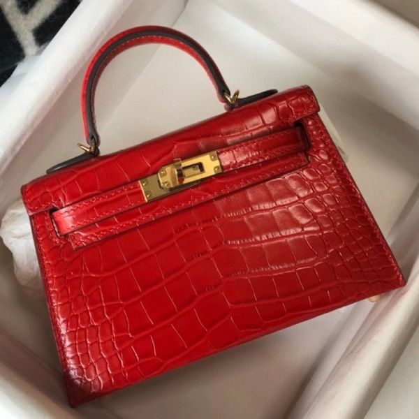 HERM Kelly Mini II Bag In Red Embossed Crocodile Leather