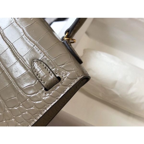 HERM Kelly Mini II Bag In Taupe Embossed Crocodile Leather