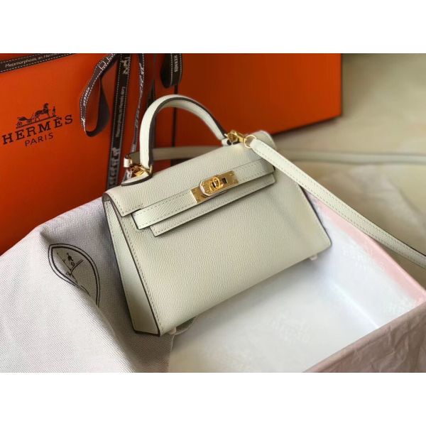 HERM Kelly Mini II Bag In White Epsom Leather GHW
