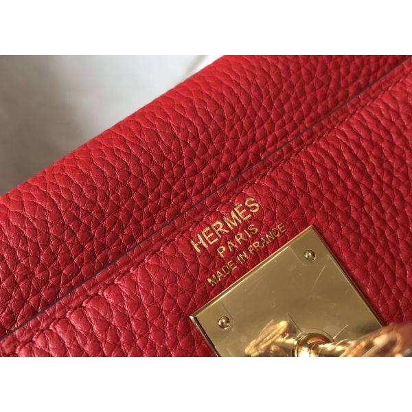 HERM Kelly 28cm Bag In Red Clemence Leather GHW
