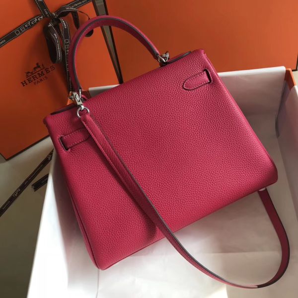 HERM Kelly 28cm Bag In Rose Red Clemence Leather PHW