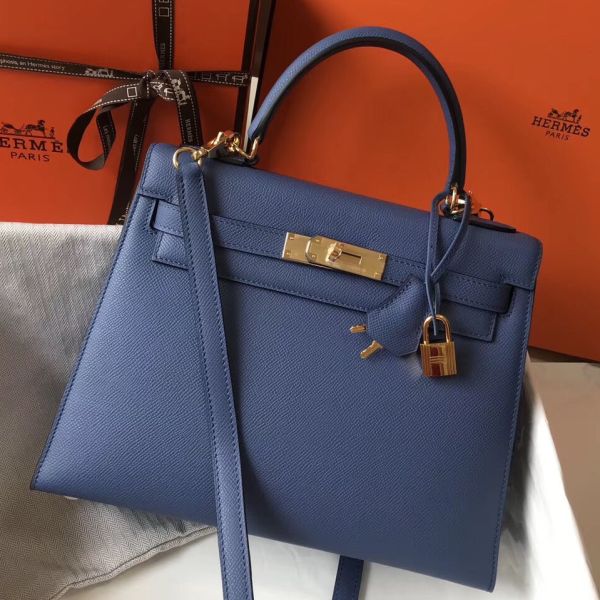 HERM Kelly 28cm Bag In Blue Agate Epsom Leather GHW