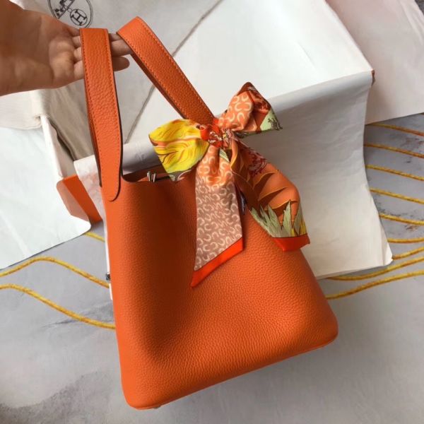HERM Picotin Lock 22 Bag In Orange Clemence Leather