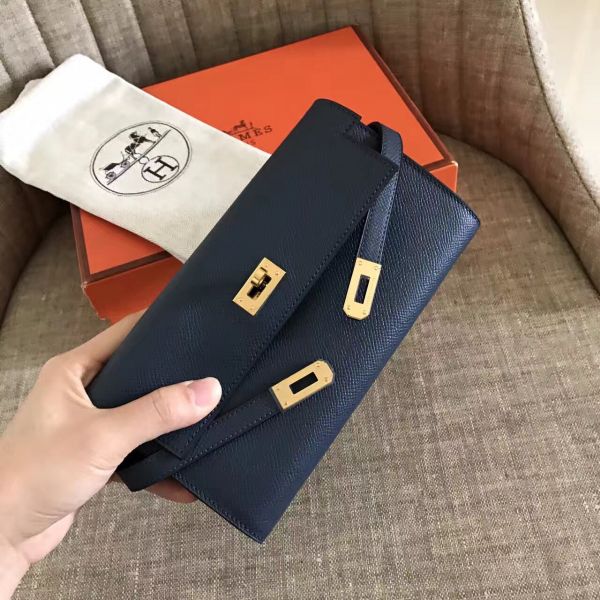 HERM Kelly Classic Long Wallet In Navy Epsom Leather
