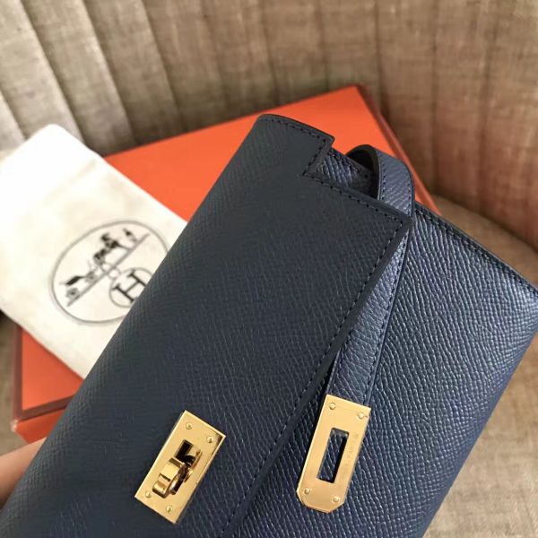 HERM Kelly Classic Long Wallet In Navy Epsom Leather