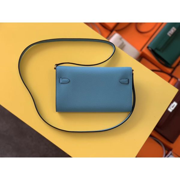 HERM Kelly Classique To Go Wallet In Blue Du Nord Epsom Calfskin