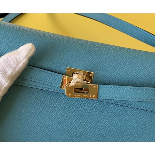 HERM Kelly Classique To Go Wallet In Blue Du Nord Epsom Calfskin