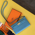 HERM Kelly Classique To Go Wallet In Blue Du Nord Epsom Calfskin
