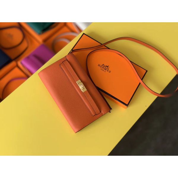 HERM Kelly Classique To Go Wallet In Orange Epsom Calfskin