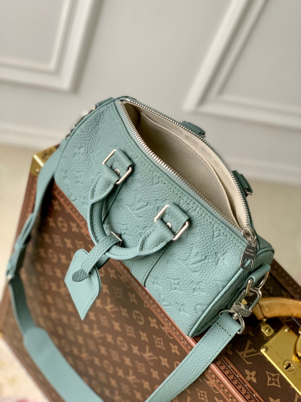 KEEPALL BANDOULIÈRE 25 BAG IN MISTY LAKE GREEN MONOGRAM TAURILLON CALFSKIN