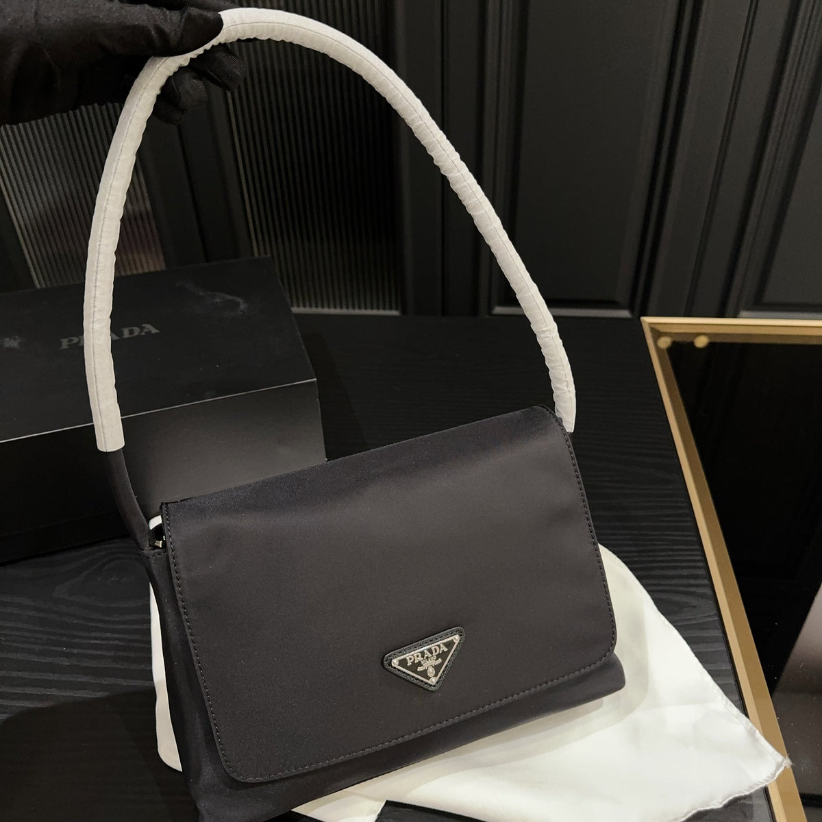 TRIANGLE LOGO SHOULDER BAG 26 IN BLACK RE-NYLON