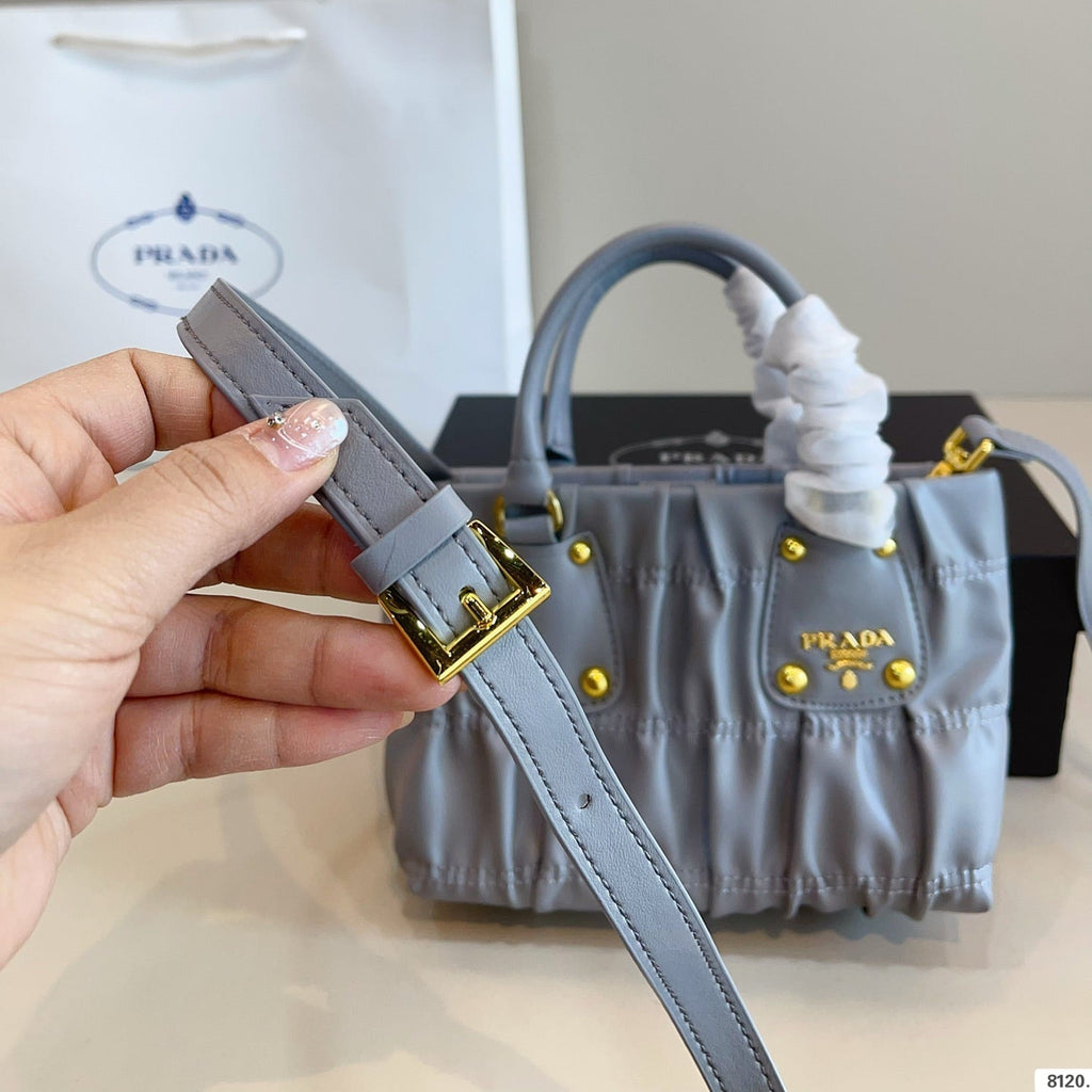 RUCHED TOP HANDLE BAG 19 IN GREY SAFFIANO LEATHER