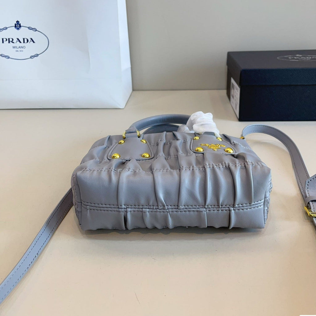 RUCHED TOP HANDLE BAG 19 IN GREY SAFFIANO LEATHER