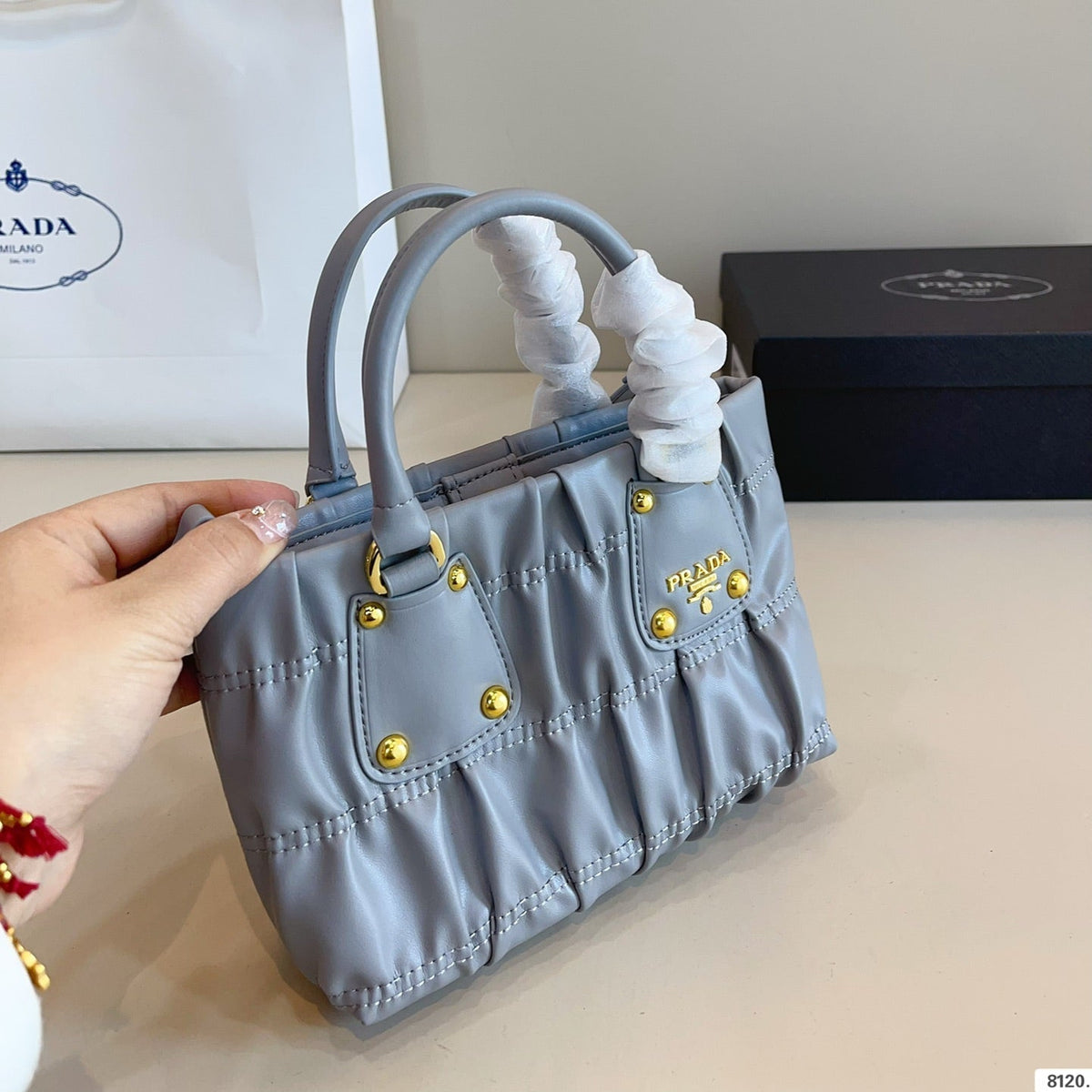 RUCHED TOP HANDLE BAG 19 IN GREY SAFFIANO LEATHER
