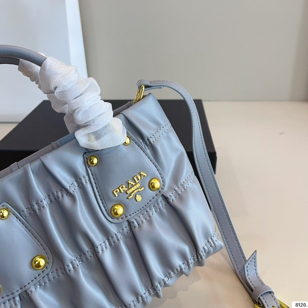 RUCHED TOP HANDLE BAG 19 IN GREY SAFFIANO LEATHER