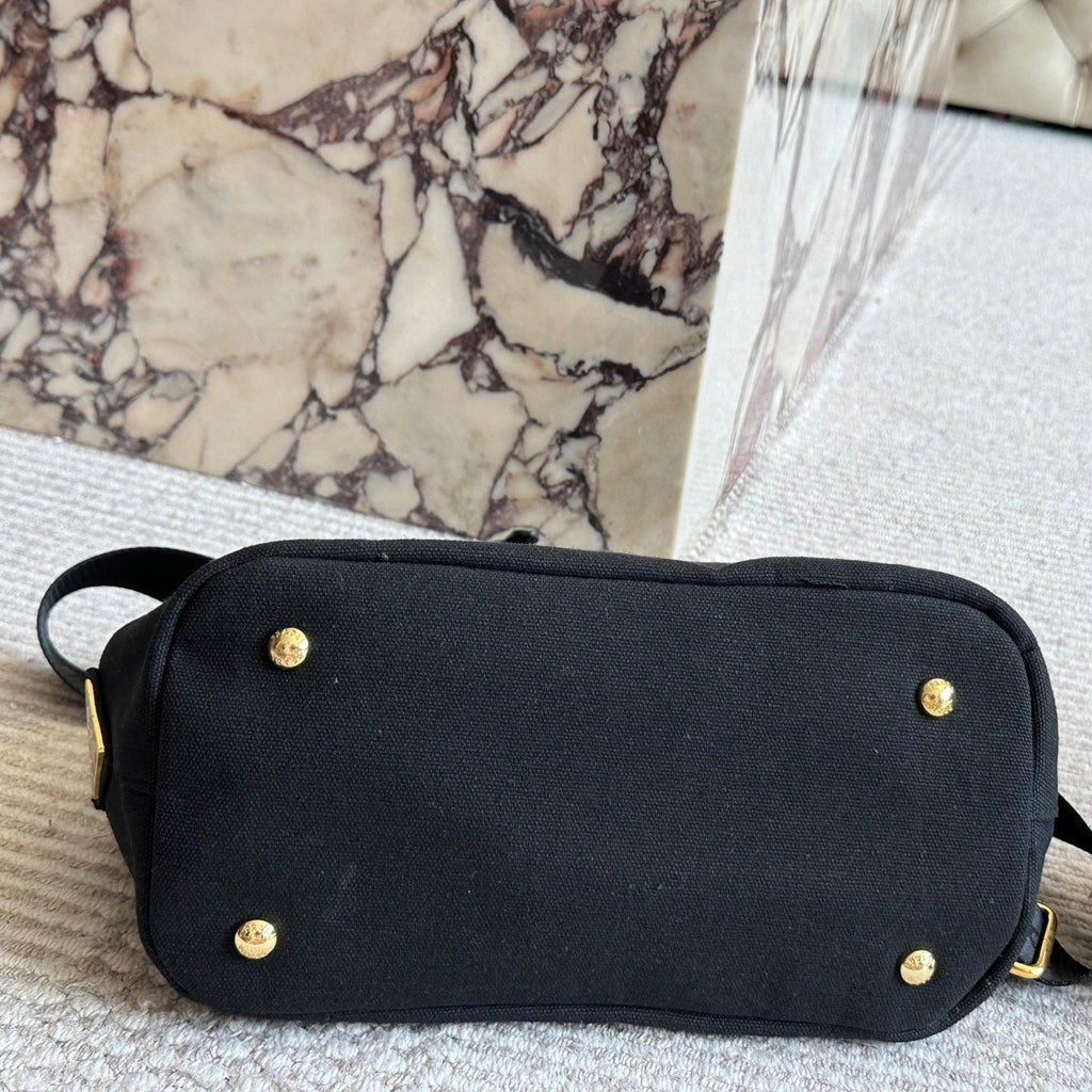 EMBROIDED LOGO SMALL HANDBAG 22 IN BLACK LINEN BLEND