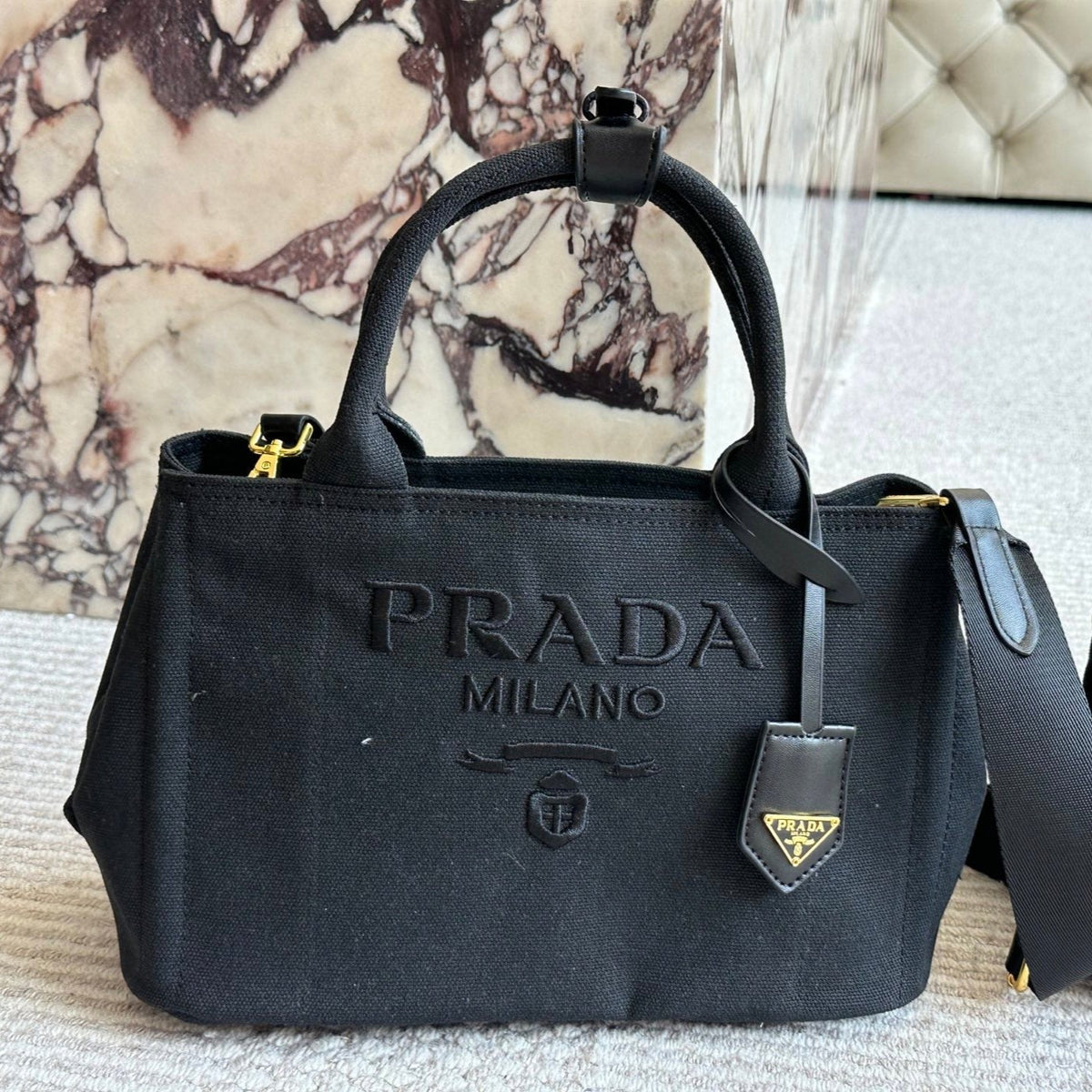 EMBROIDED LOGO SMALL HANDBAG 22 IN BLACK LINEN BLEND